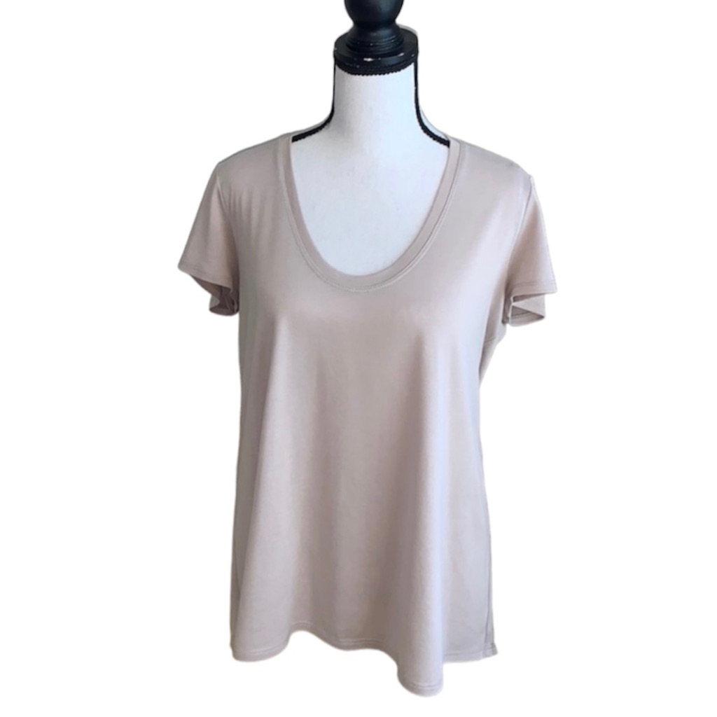 Bcbg Maxazria Beige Short Sleeve Scalloped Neck Back Crossover Short Tee Medium